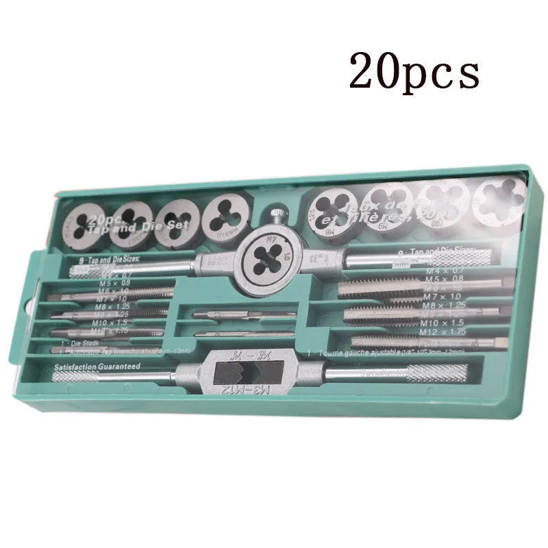 A tap and die set with silver and titanium-plated alloy steel taps and dies for hand threading.