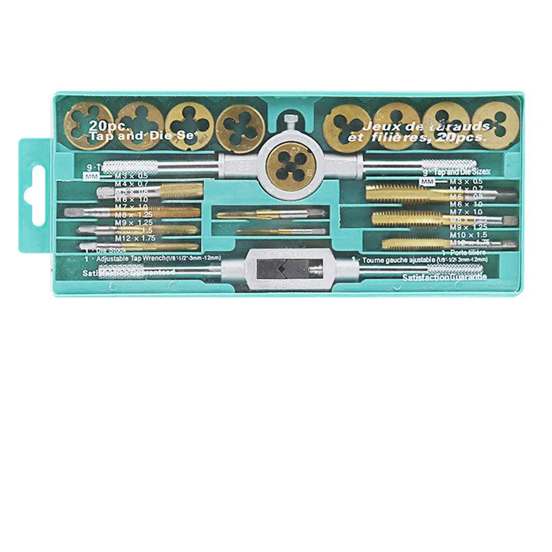 A tap and die set with silver and titanium-plated alloy steel taps and dies for hand threading.