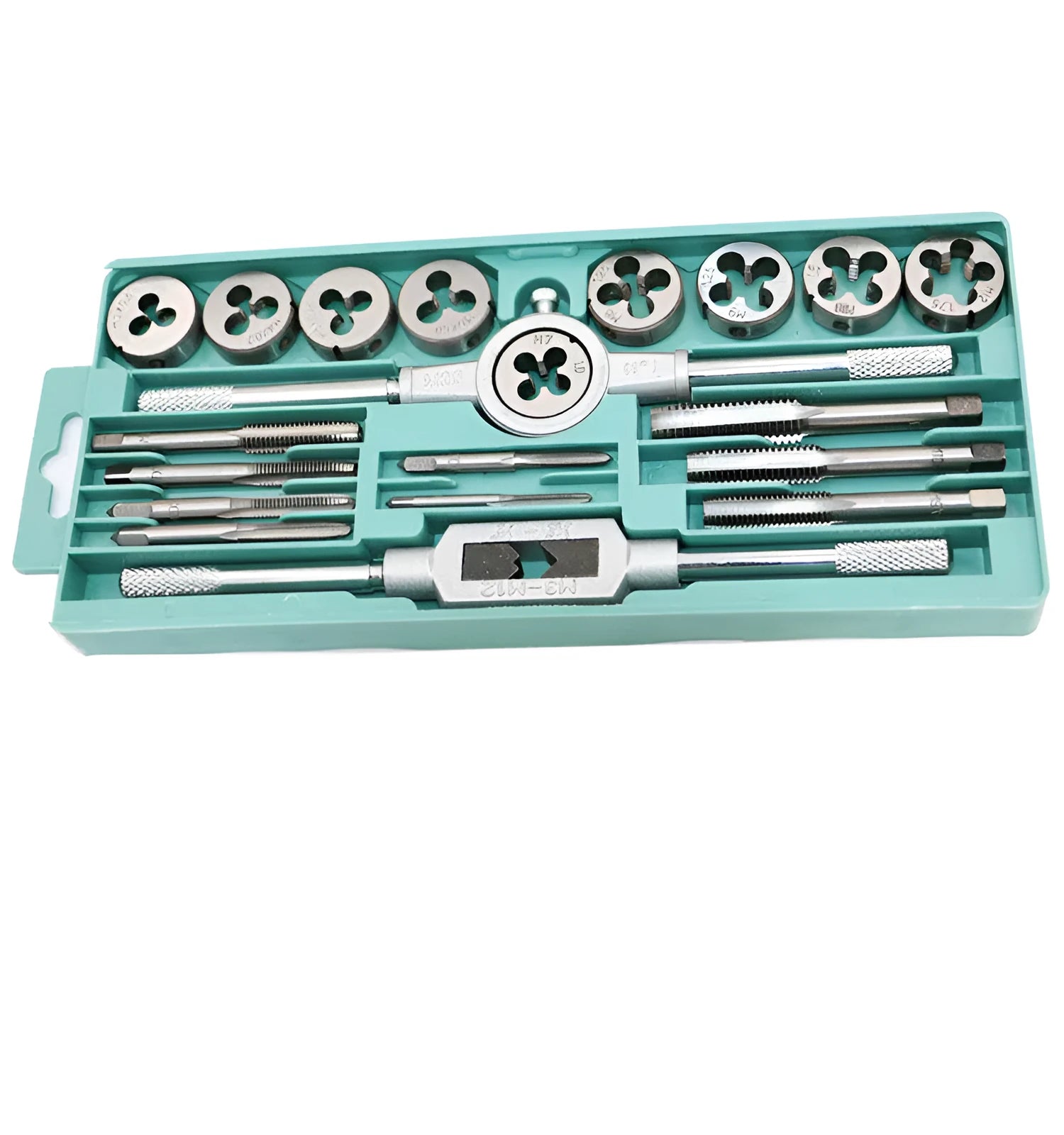 A tap and die set with silver and titanium-plated alloy steel taps and dies for hand threading.