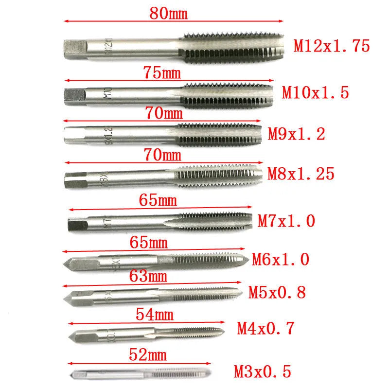 A tap and die set with silver and titanium-plated alloy steel taps and dies for hand threading.