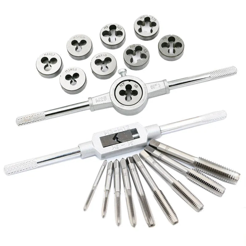 A tap and die set with silver and titanium-plated alloy steel taps and dies for hand threading.