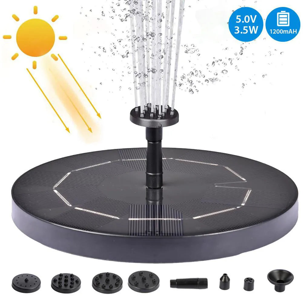 Black solar-powered floating water fountain with spray nozzles for garden bird baths and ponds