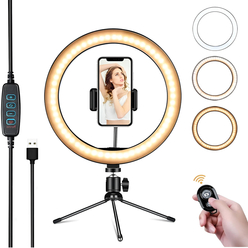 White metal desktop bracket fill light 10 inch 26 cm ring light with tripod and phone clip