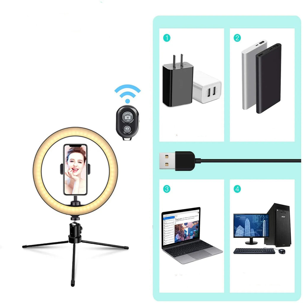 White metal desktop bracket fill light 10 inch 26 cm ring light with tripod and phone clip