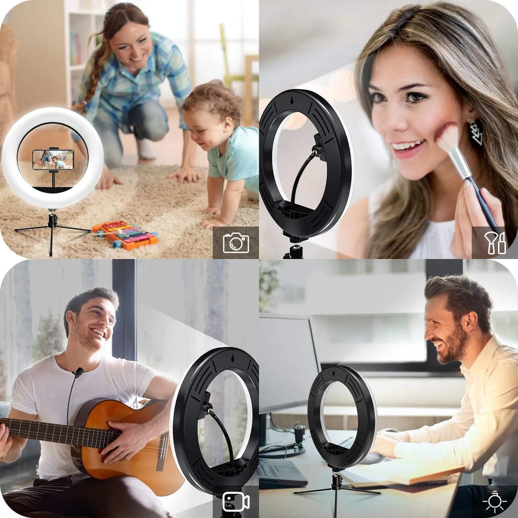 White metal desktop bracket fill light 10 inch 26 cm ring light with tripod and phone clip
