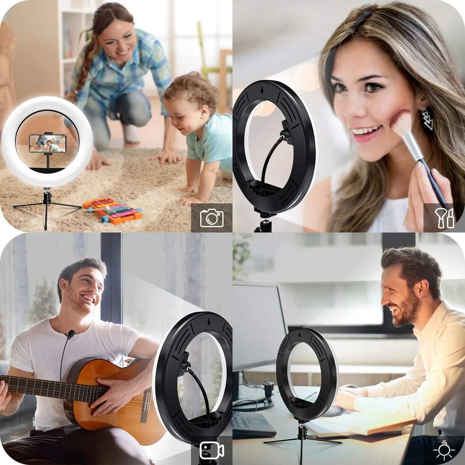 White metal desktop bracket fill light 10 inch 26 cm ring light with tripod and phone clip