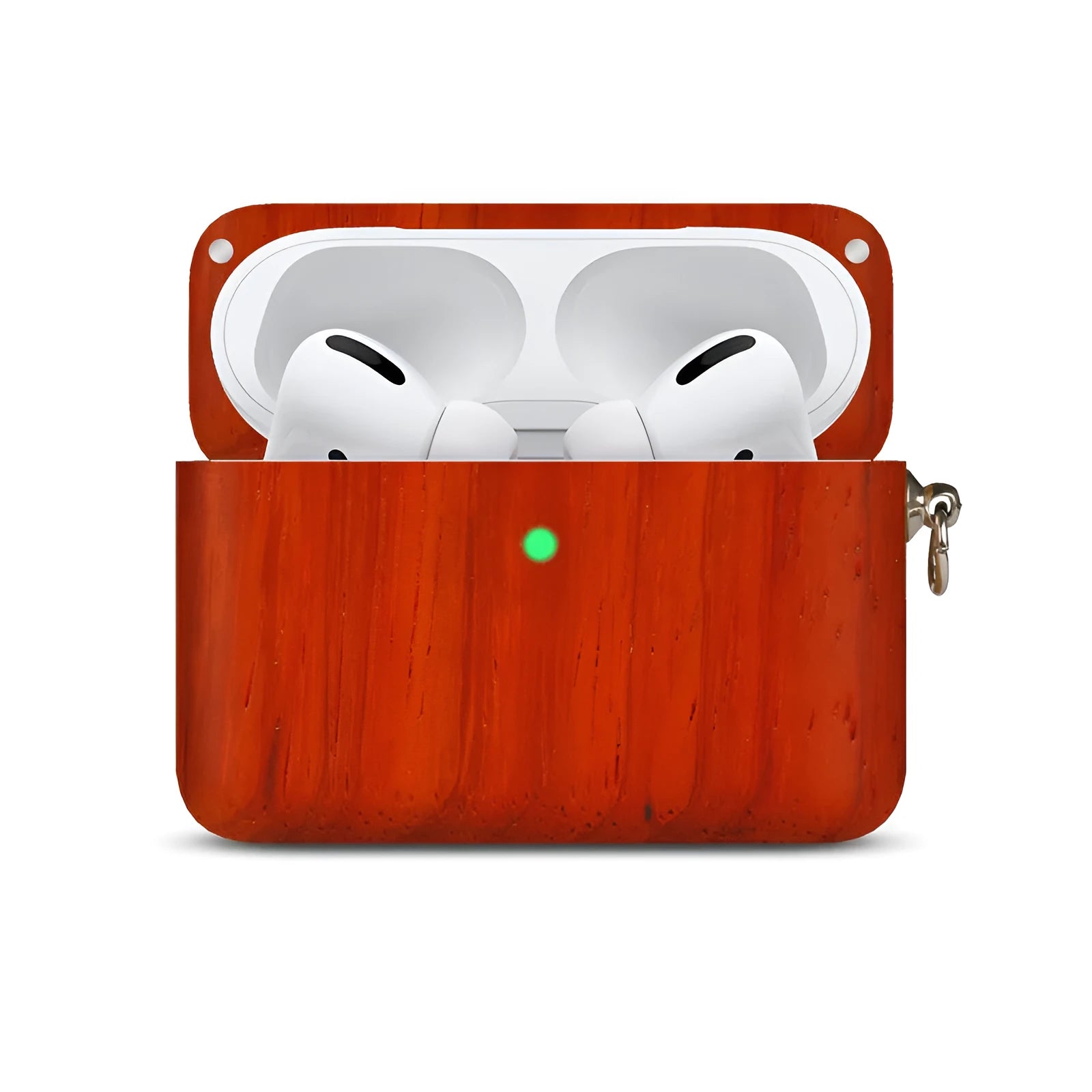Solid wooden hard shell protective case for Bluetooth earphones with optional neck lanyard.