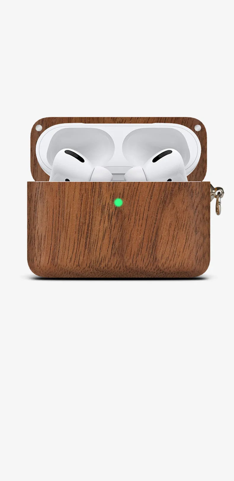 Solid wooden hard shell protective case for Bluetooth earphones with optional neck lanyard.