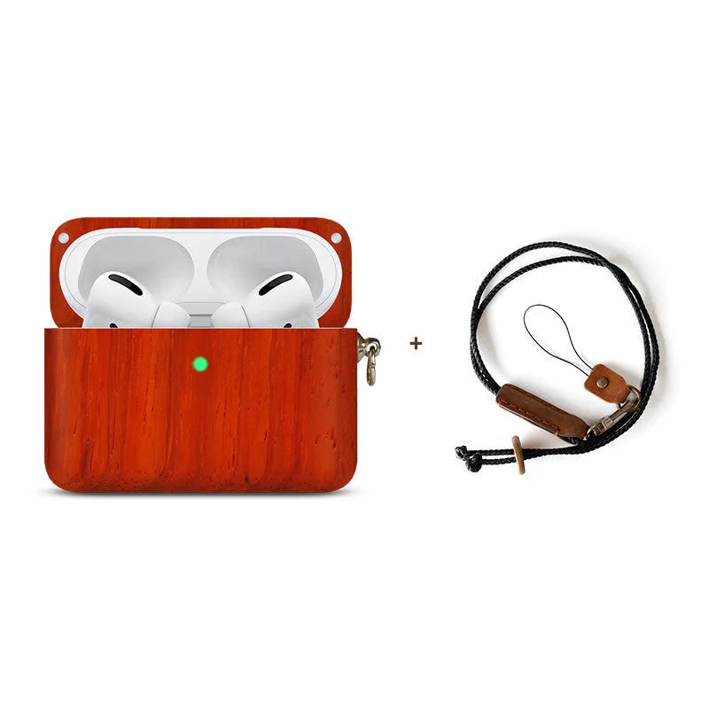 Solid wooden hard shell protective case for Bluetooth earphones with optional neck lanyard.