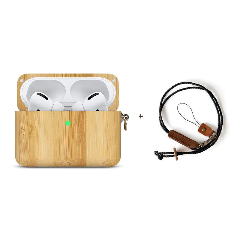 Solid wooden hard shell protective case for Bluetooth earphones with optional neck lanyard.