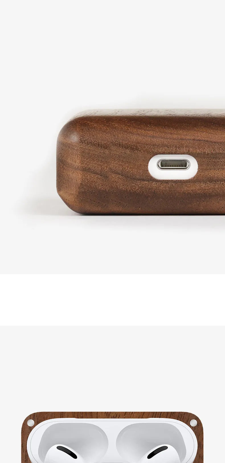 Solid wooden hard shell protective case for Bluetooth earphones with optional neck lanyard.