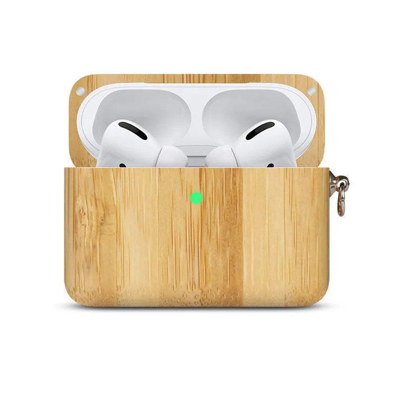 Solid wooden hard shell protective case for Bluetooth earphones with optional neck lanyard.