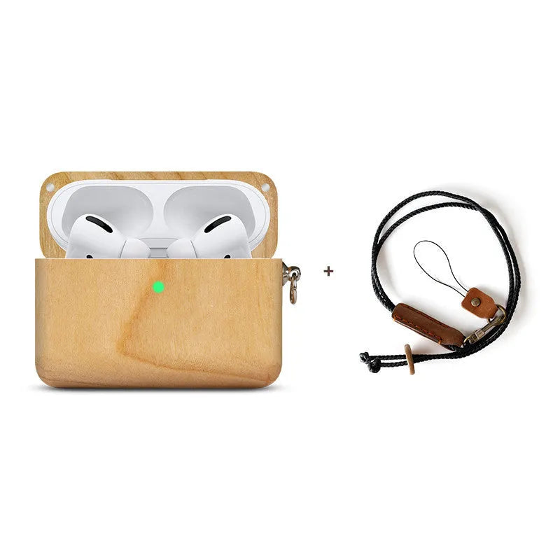 Solid wooden hard shell protective case for Bluetooth earphones with optional neck lanyard.