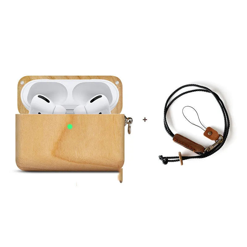 Solid wooden hard shell protective case for Bluetooth earphones with optional neck lanyard.