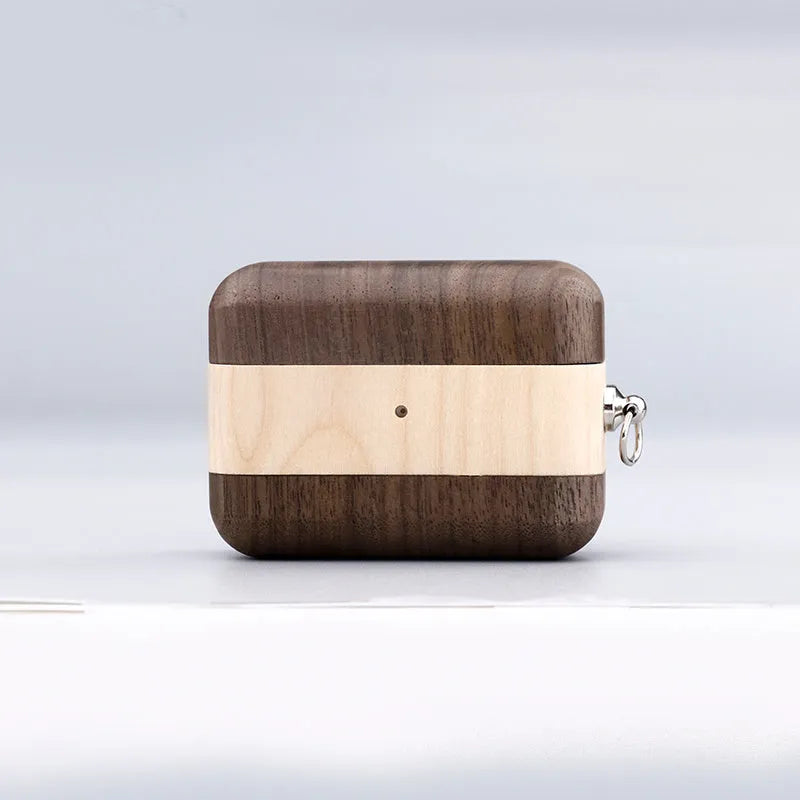 Solid wooden hard shell protective case for Bluetooth earphones with optional neck lanyard.