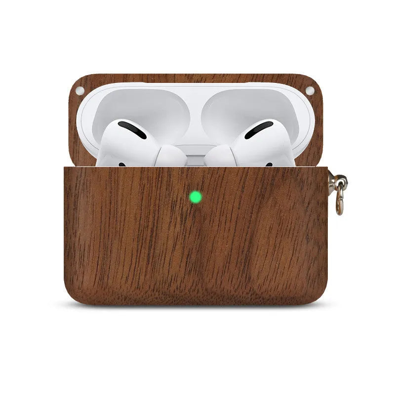 Solid wooden hard shell protective case for Bluetooth earphones with optional neck lanyard.