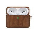 Solid wooden hard shell protective case for Bluetooth earphones with optional neck lanyard.