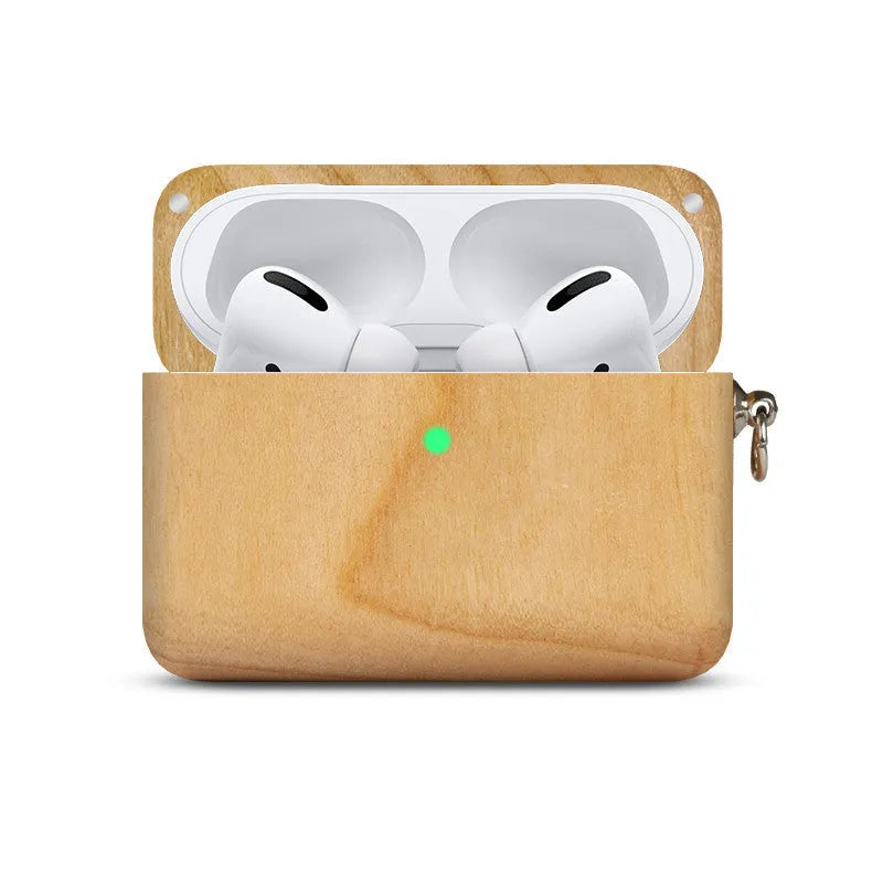 Solid wooden hard shell protective case for Bluetooth earphones with optional neck lanyard.