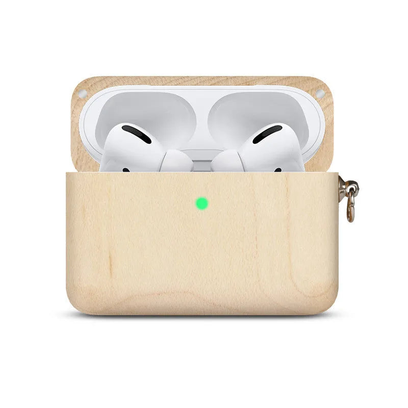 Solid wooden hard shell protective case for Bluetooth earphones with optional neck lanyard.