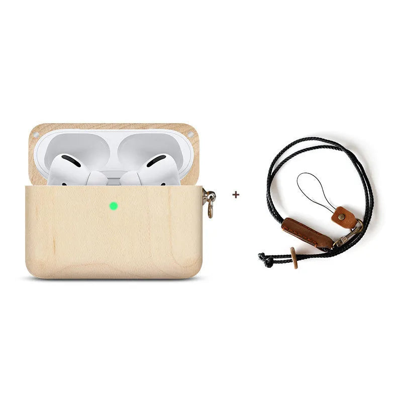 Solid wooden hard shell protective case for Bluetooth earphones with optional neck lanyard.