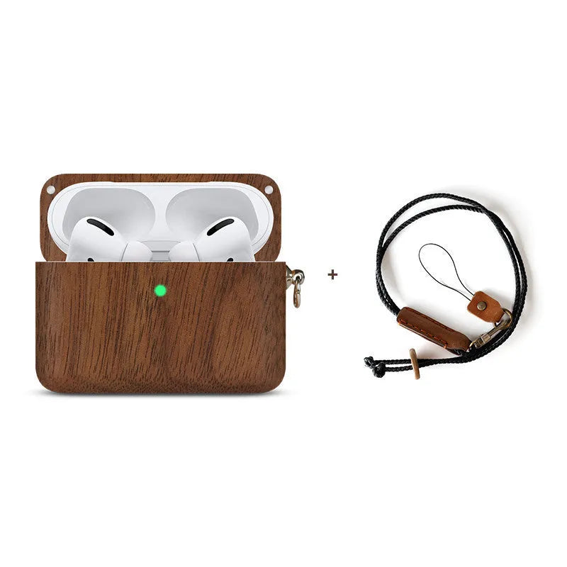 Solid wooden hard shell protective case for Bluetooth earphones with optional neck lanyard.