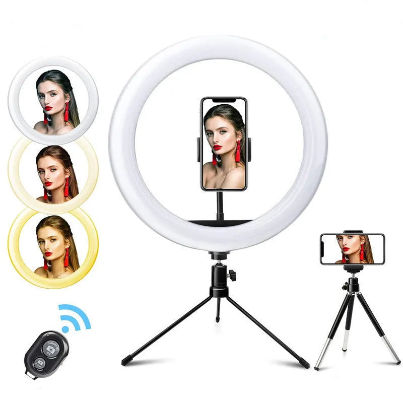 White metal desktop bracket fill light 10 inch 26 cm ring light with tripod and phone clip