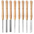 Wooden box open to show eight chrome vanadium steel woodworking turning tools.