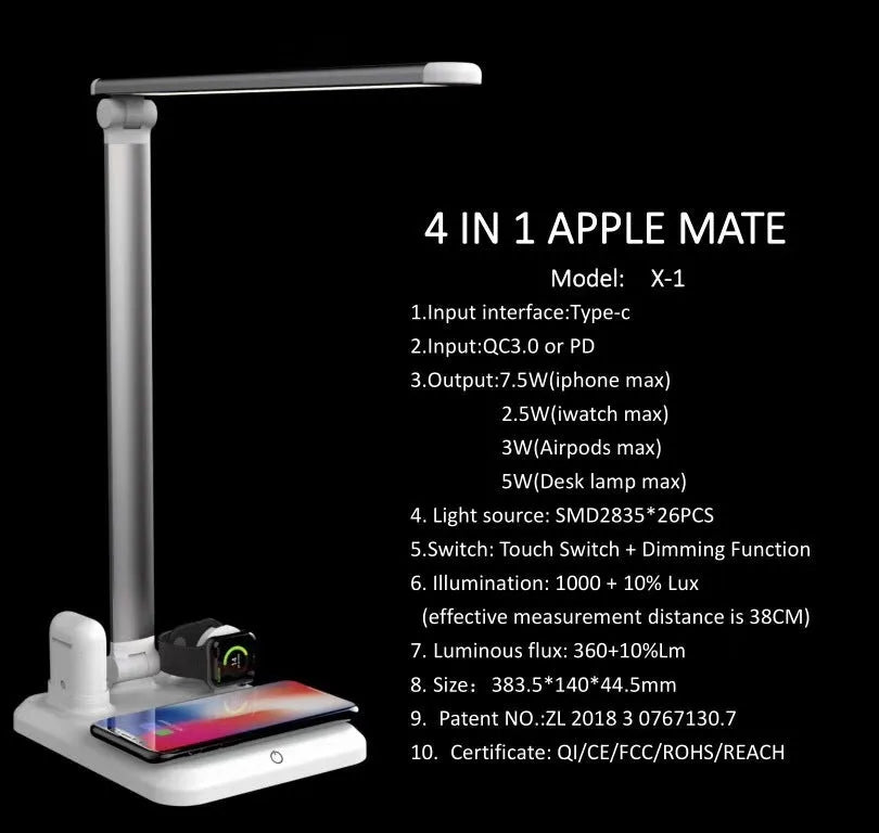 Four-in-one wireless charging desk lamp compatible with Apple iPhone, Watch, and earbuds, 10W, black