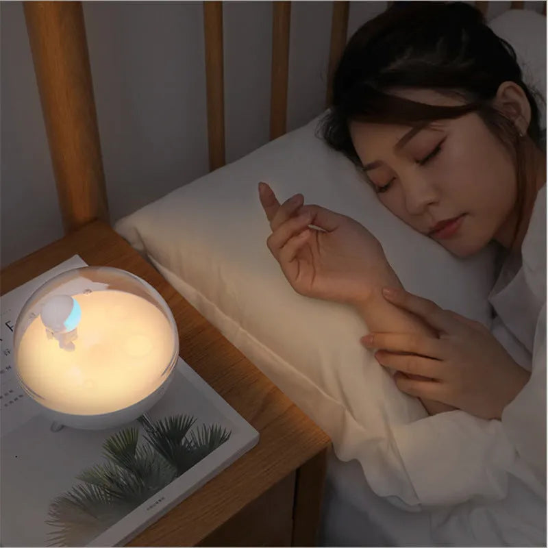 USB cartoon night light LED desk lamp with plastic shade in modern simple style, showing blue or white light options