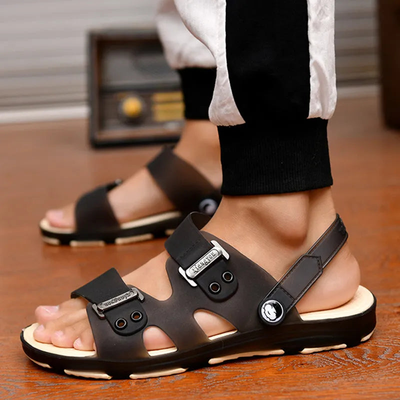 Men's black flip flops with thick EVA sole and PU upper, summer slippers side view