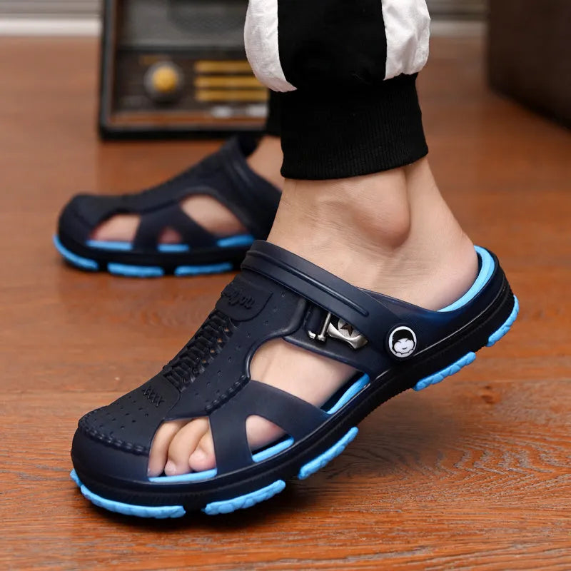 Men's black flip flops with thick EVA sole and PU upper, summer slippers side view