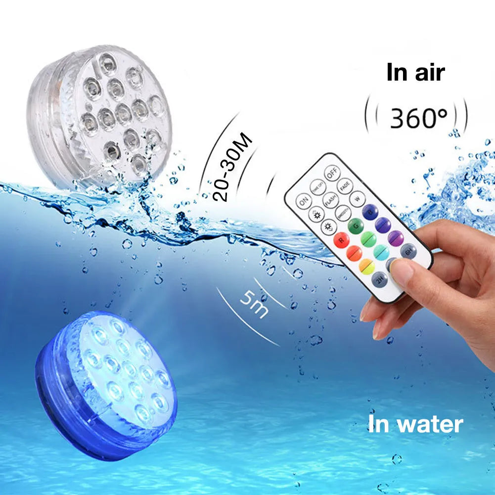 13-LED submersible light with suction cup in pool showing 16 colours