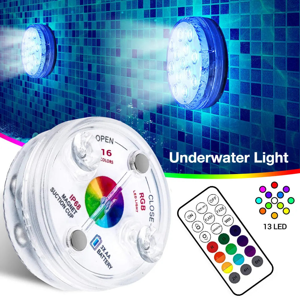 13-LED submersible light with suction cup in pool showing 16 colours