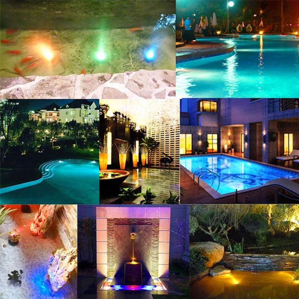13-LED submersible light with suction cup in pool showing 16 colours