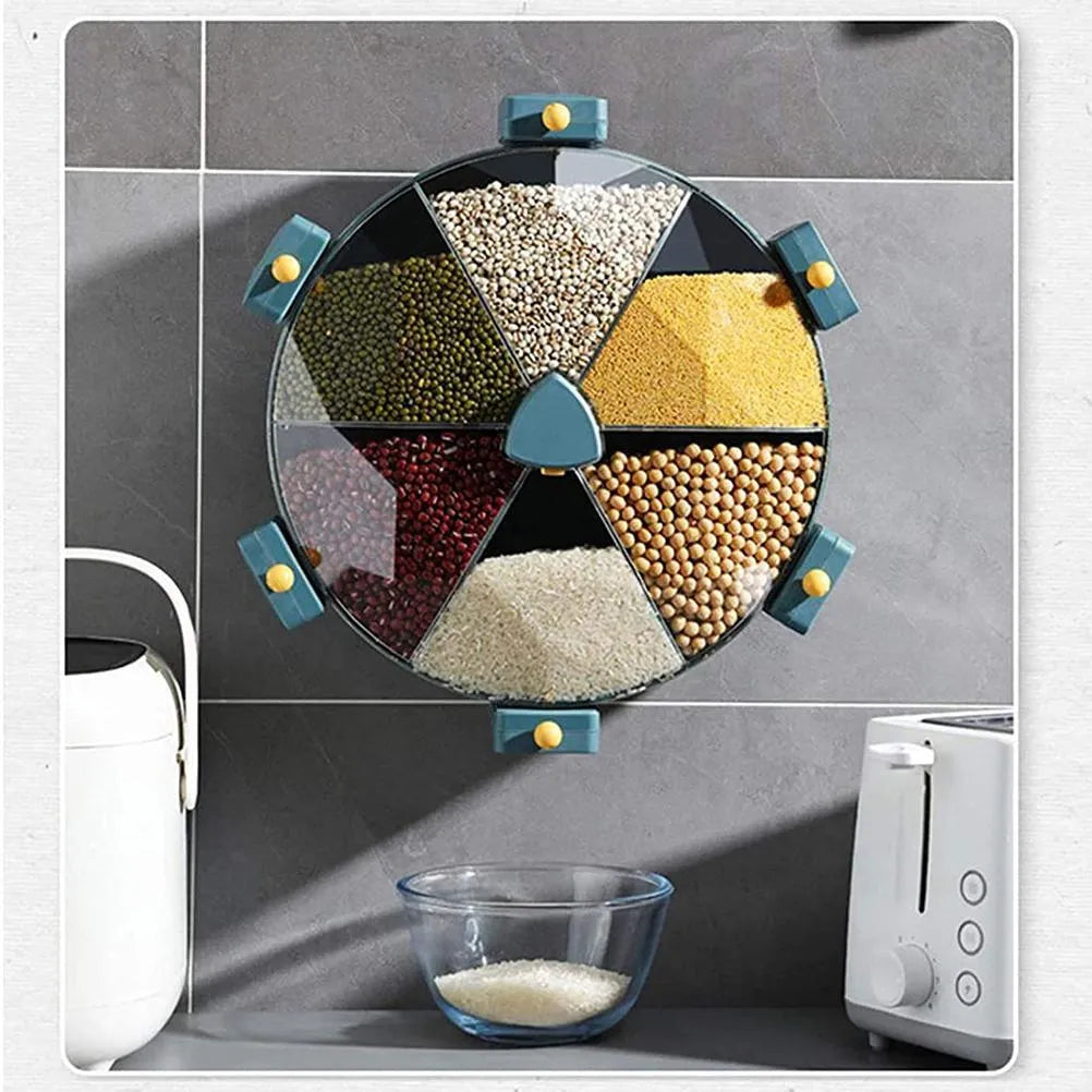 Wall-mounted rotating grain dispenser with six compartments, blue-yellow colour, press-button dispenser and clear PC top cover