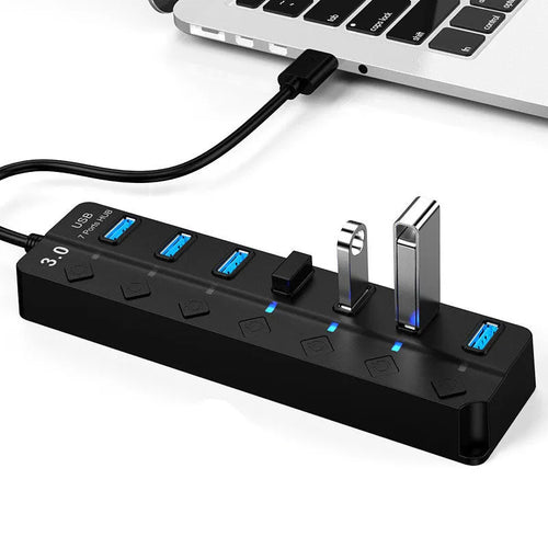 Black 7-port USB 3.0 hub with external power supply for computer connectivity expansion