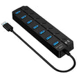 Black 7-port USB 3.0 hub with external power supply for computer connectivity expansion