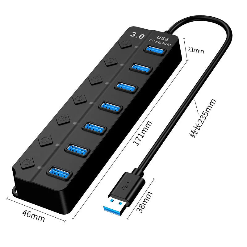 Black 7-port USB 3.0 hub with external power supply for computer connectivity expansion