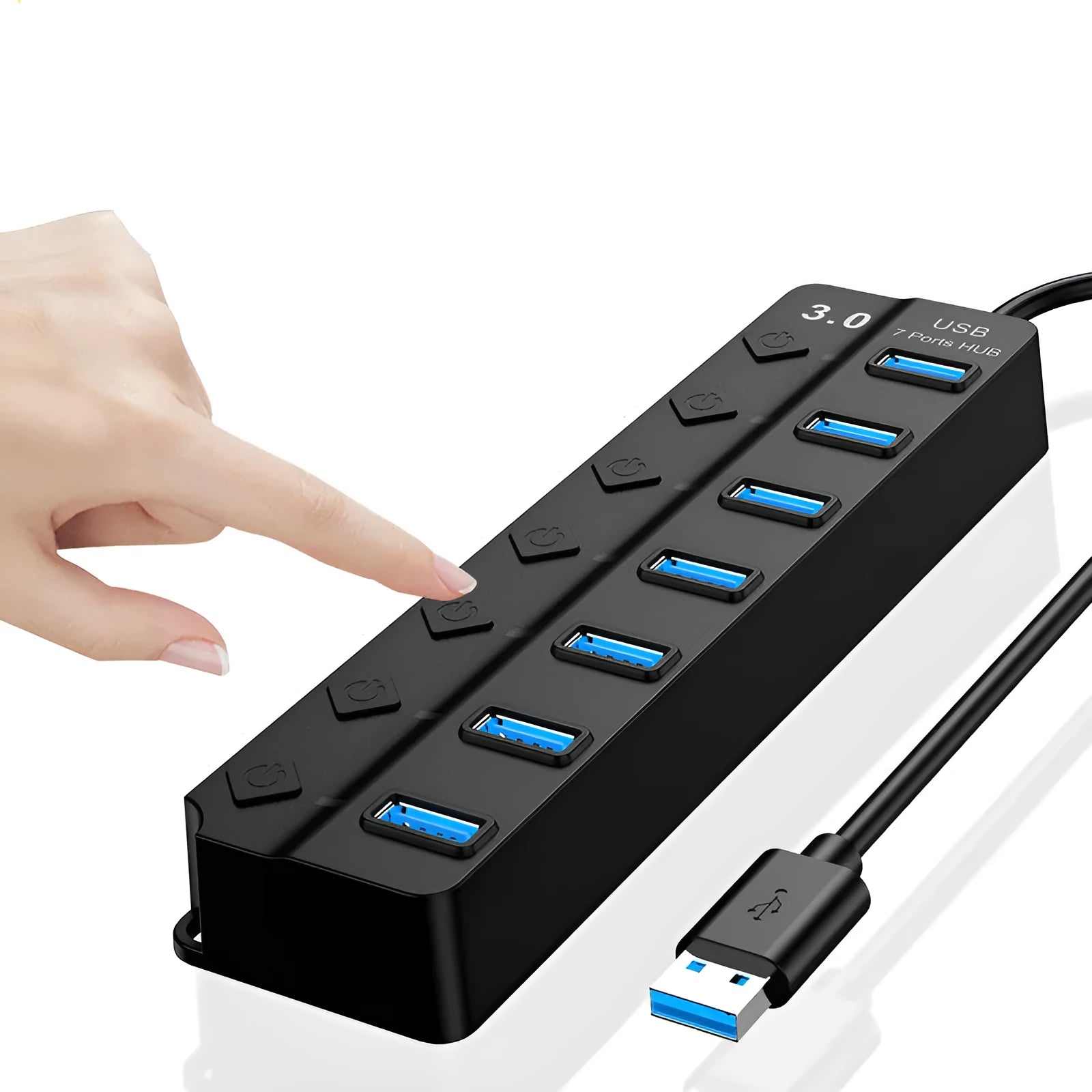 Black 7-port USB 3.0 hub with external power supply for computer connectivity expansion
