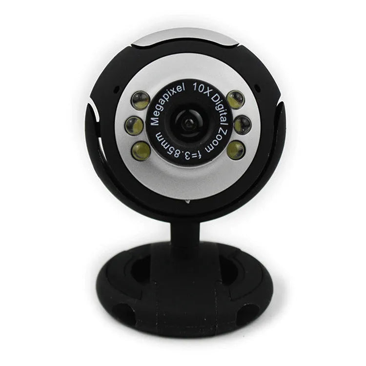 USB webcam with six LED lights around the lens for video calling in low light