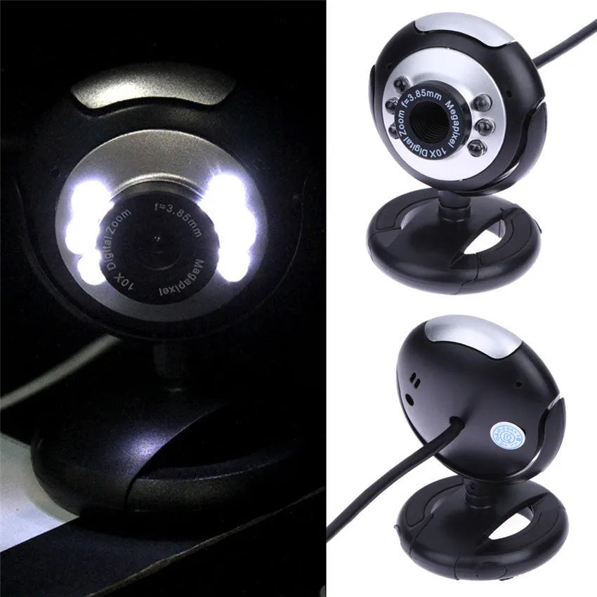 USB webcam with six LED lights around the lens for video calling in low light