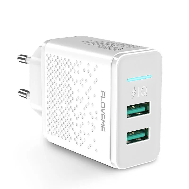 Dual port USB wall charger with EU plug in black or white colour showing two USB-A ports