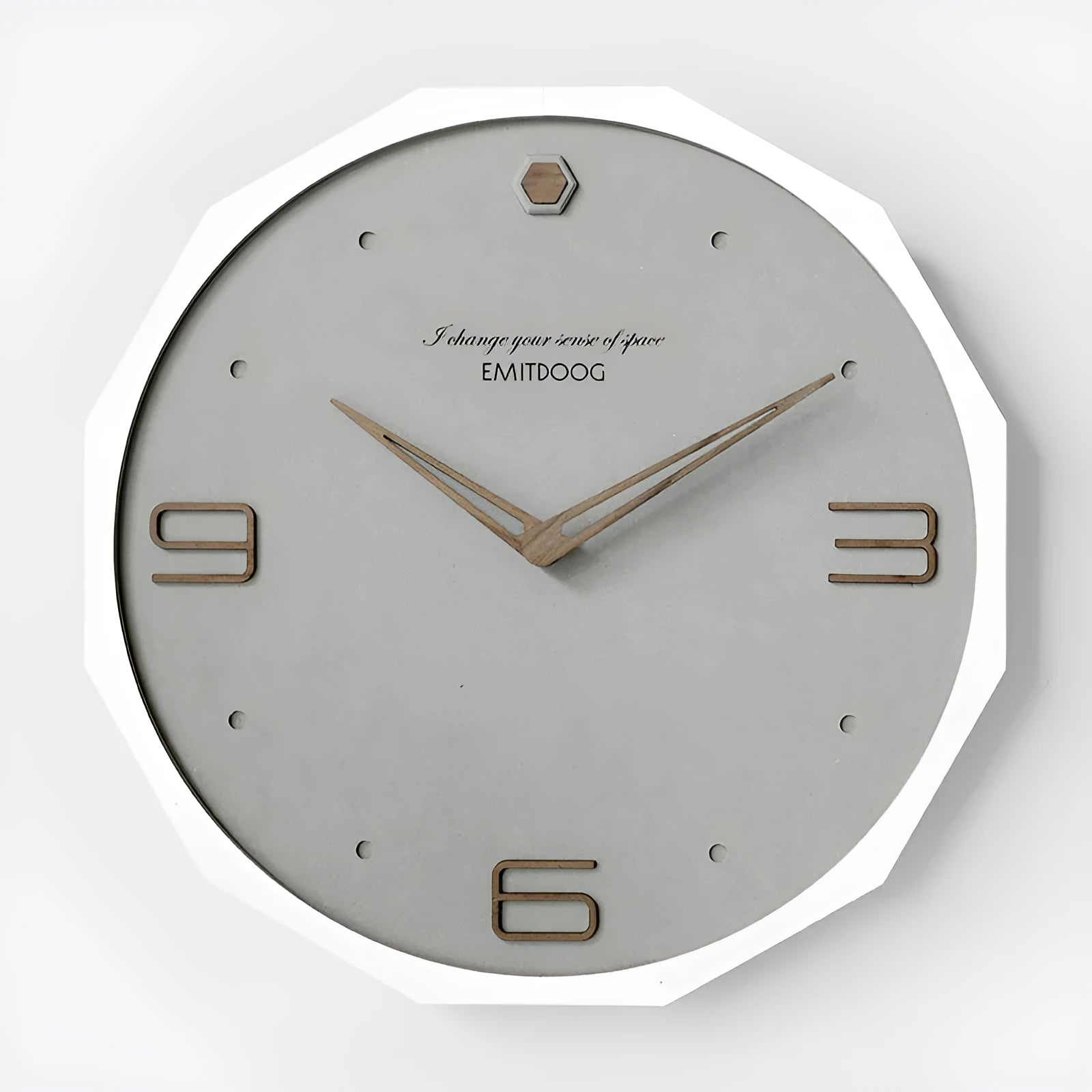 12 inch round Nordic wall clock with perforated face and wooden frame in choice of four finishes