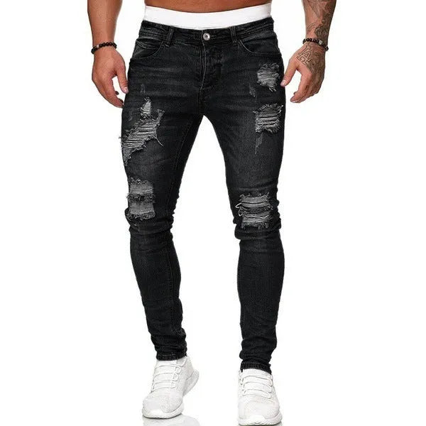 Ripped white slim denim trousers for women, tight-fitting pencil pants, mid-waist zip fly, water wash frayed detailing