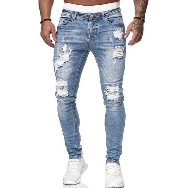 Ripped white slim denim trousers for women, tight-fitting pencil pants, mid-waist zip fly, water wash frayed detailing