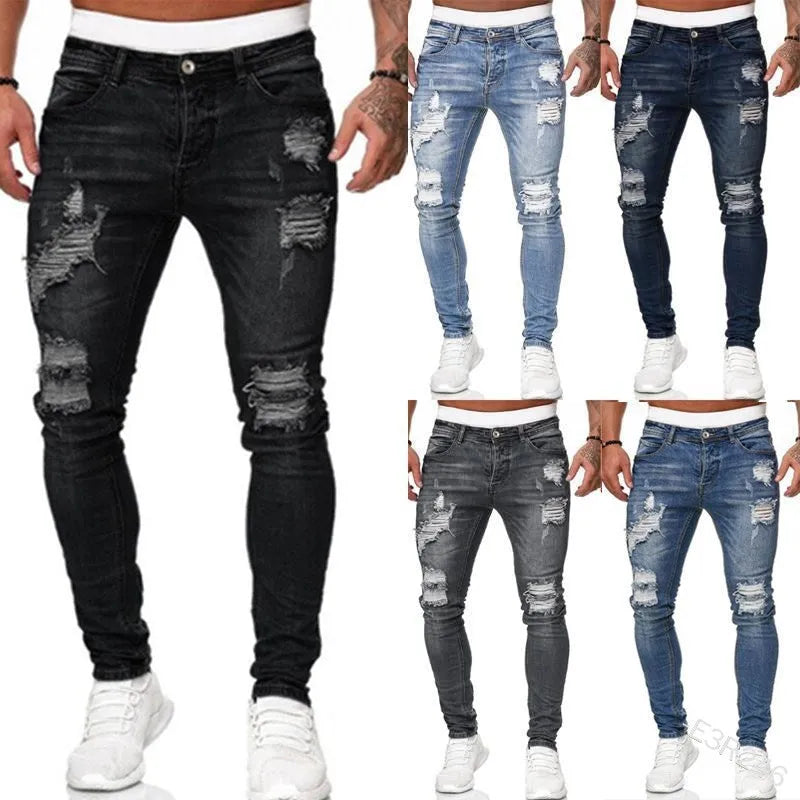 Ripped white slim denim trousers for women, tight-fitting pencil pants, mid-waist zip fly, water wash frayed detailing