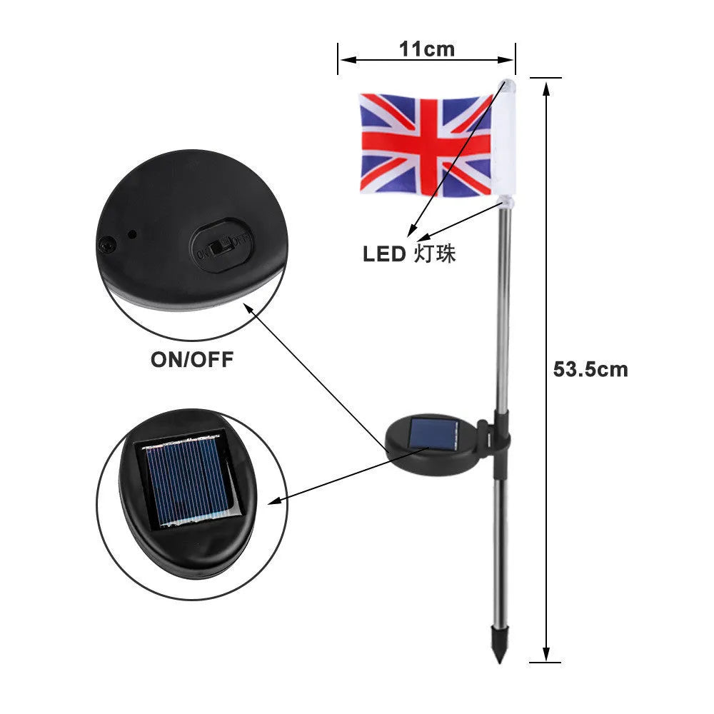 Solar garden flag light with American flag design on stainless steel pole