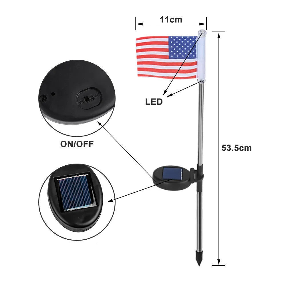 Solar garden flag light with American flag design on stainless steel pole