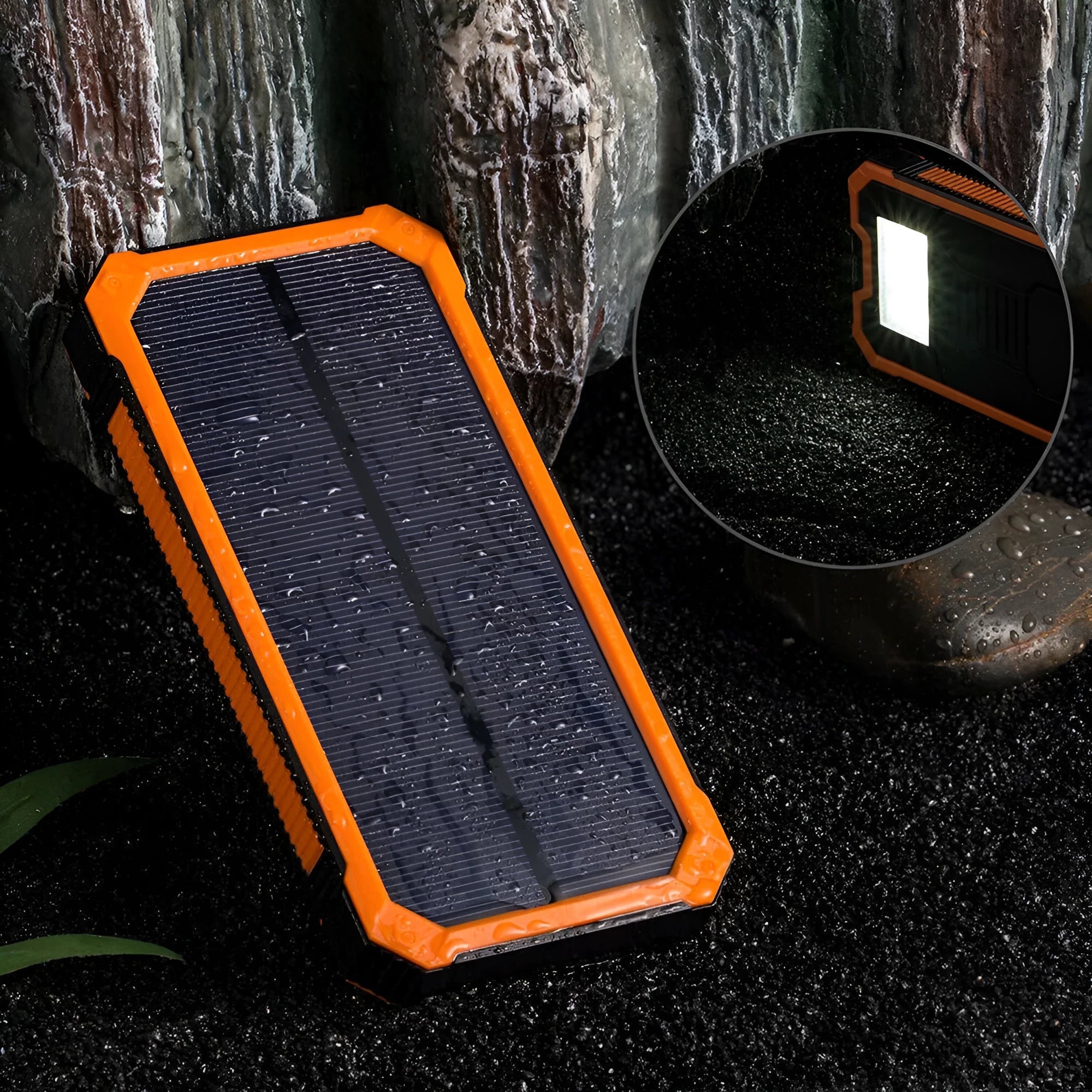 Orange 20000mAh solar power bank showing USB ports and solar panel, dimensions 161x79x17mm.