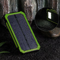 Orange 20000mAh solar power bank showing USB ports and solar panel, dimensions 161x79x17mm.